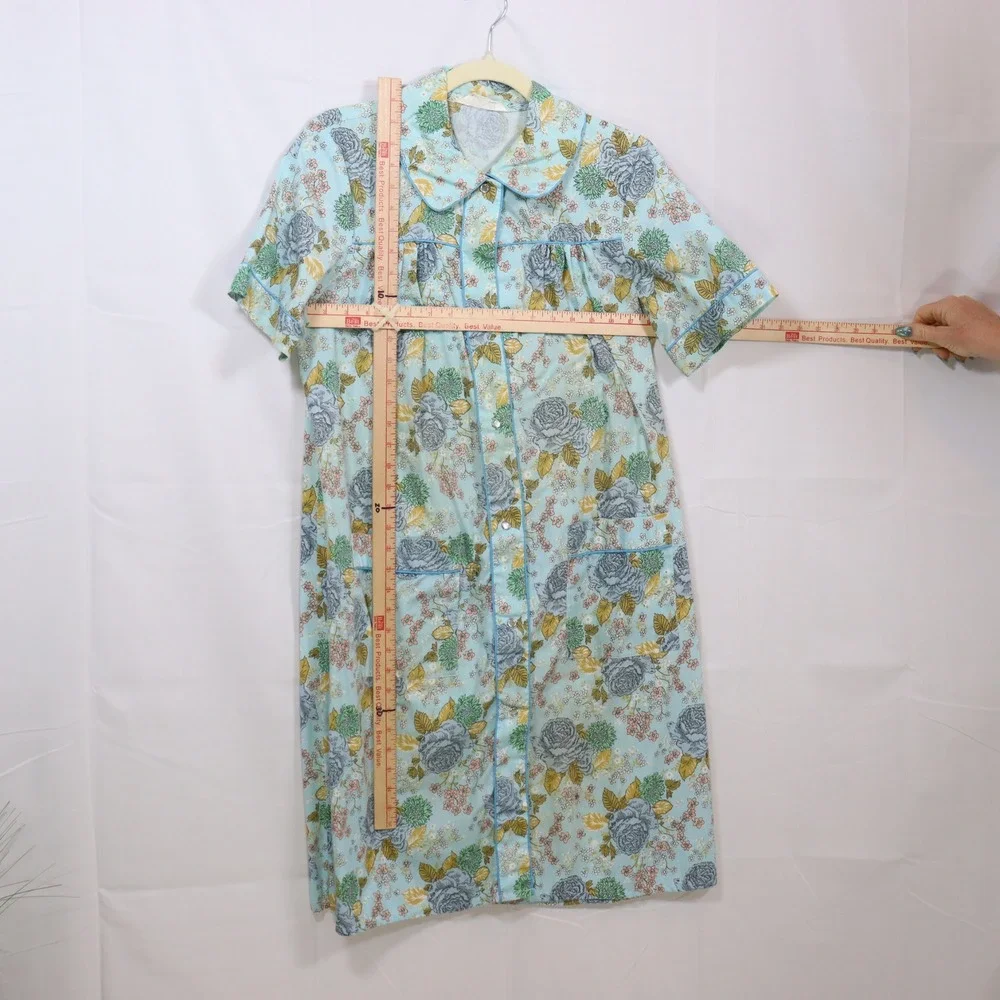 K-Mart Floral Housecoat Robe L Blue Womens Vintage‎ Snap Front Duster